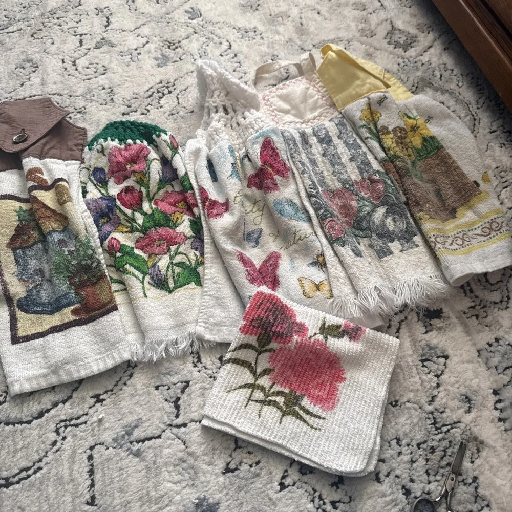 6 Vintage Cotton Floral Kitchen Linens - Towels Crochet Used As Is Cottagecore